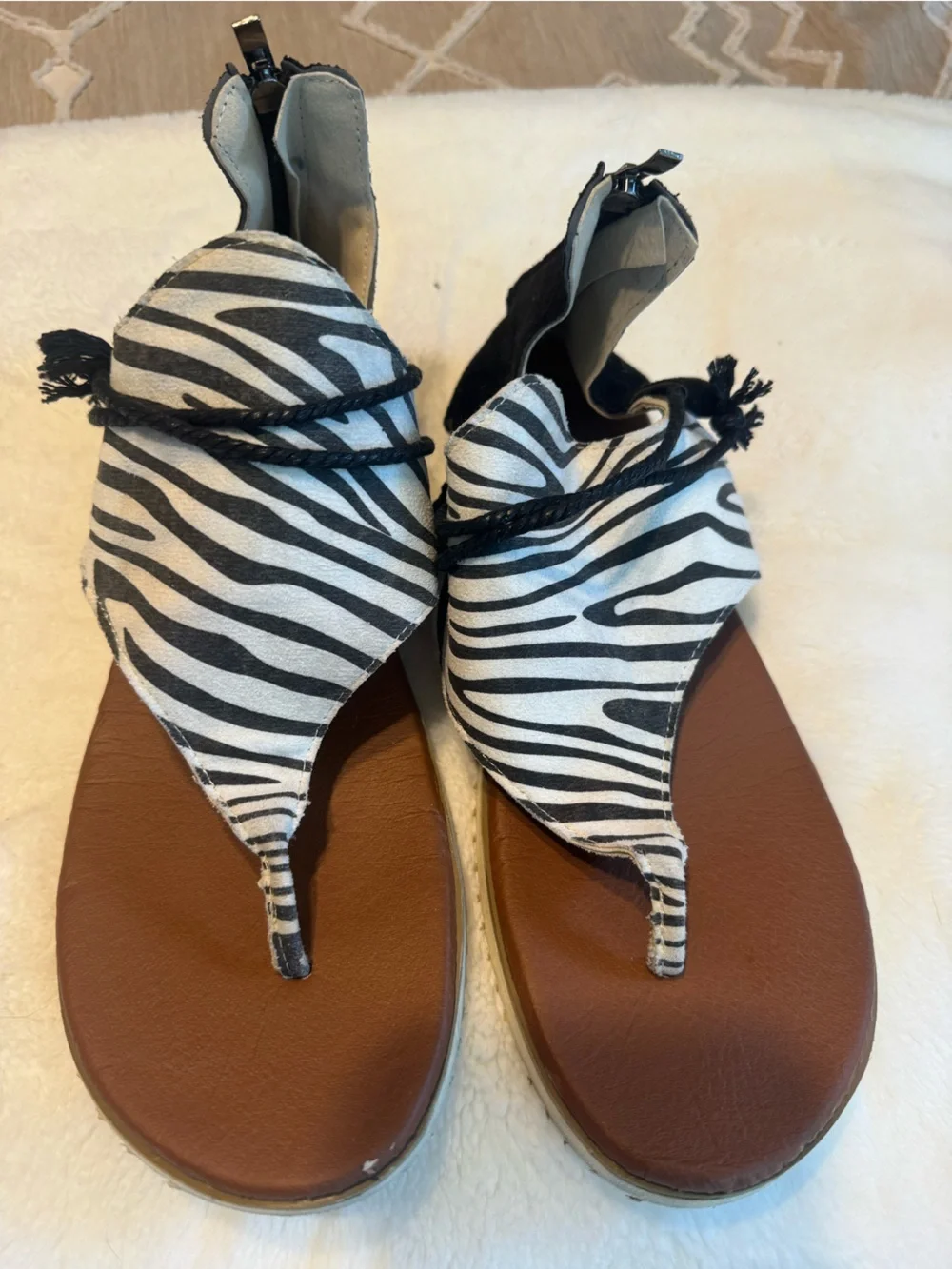 Zebra Print Thong Sandals - Women's Brown and Black